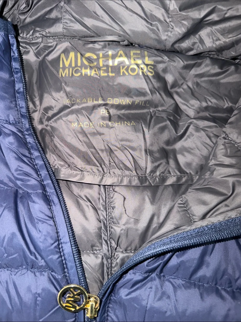 Michael Kors Packable Navy Quilted Hooded Puffer Jacket with Gold Accents